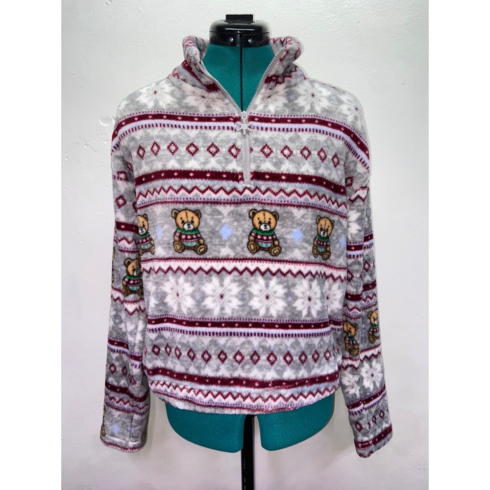 No Boundaries Women Holiday Fleece Teddy Bear Fair Isle Quarter Zip Sweater M